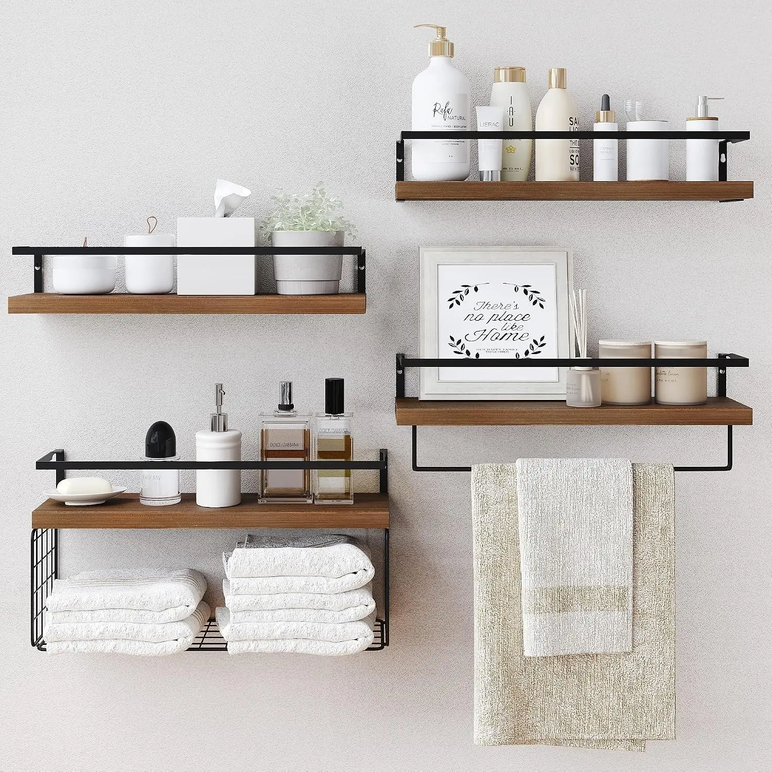 Wood Floating Shelves Wall Mounted - 4+1 Tier Rustic Bathroom Wall Shelves Over Toilet with Wire Storage Basket and Towel Bar, Set of 4 Farmhouse Floating Shelf for Bathroom, Kitchen, Bedroom.