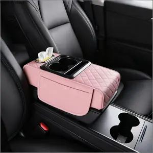 Universal Fit Pink Leather Car Center Console Armrest, Memory Foam Pillow with 4-in-1 Organizer, Includes Cup Holder, Phone Stand, and Tissue Box, Auto Accessories, Car Accessories