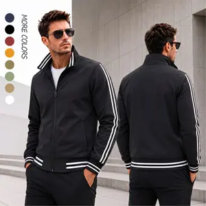 Men’s Lightweight Bomber Jacket - Minimal Menswear Tops with Ribbed Hem, Ribbed Cuffs, Stripe Fabric, Zip-Up Pilot Style Casual Streetwear Outerwear with Sleeves
