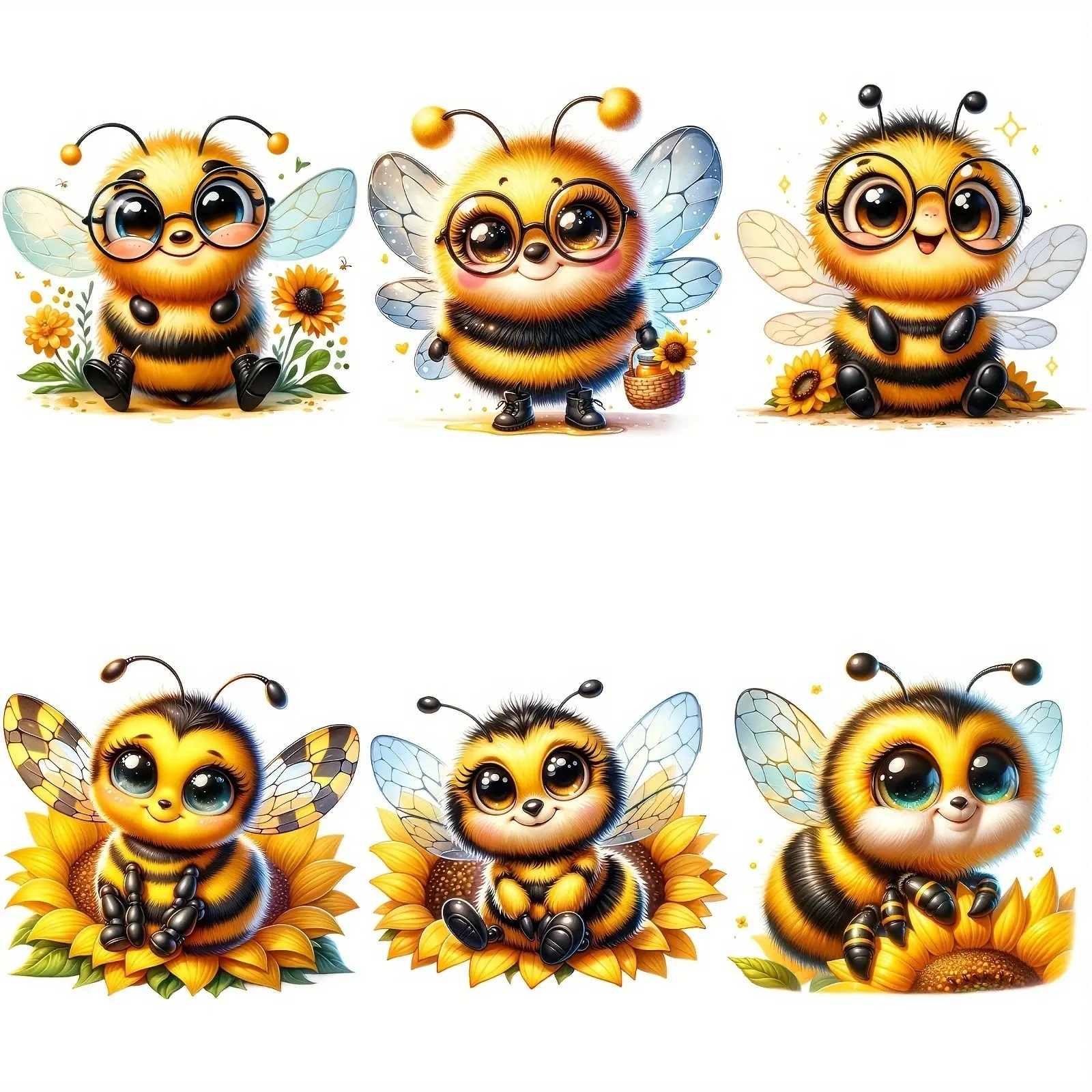 6-Piece Bee & Sunflower Heat Transfer Patches, Multicolor Vinyl Stickers, Durable DIY Decorations for Clothing, Jeans, Backpacks
