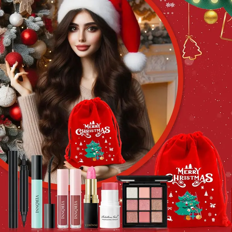 Christmas Limited 7-Piece Makeup Set, High-Visibility Velvet Gift Bag, 2-In-1 Eyebrow Pencil, Mascara, Lipstick, Eye Shadow, Blush, Highlighter