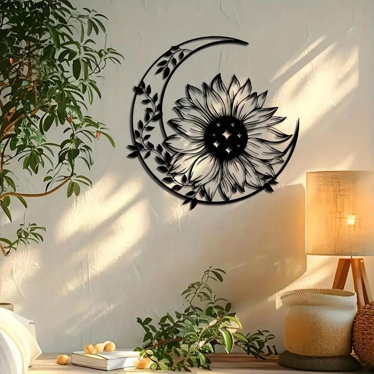 Sunflower and moon pattern wall art, metal wall decorations, suitable for home/garden/patio/balcony/living room/bedroom, artistic style.