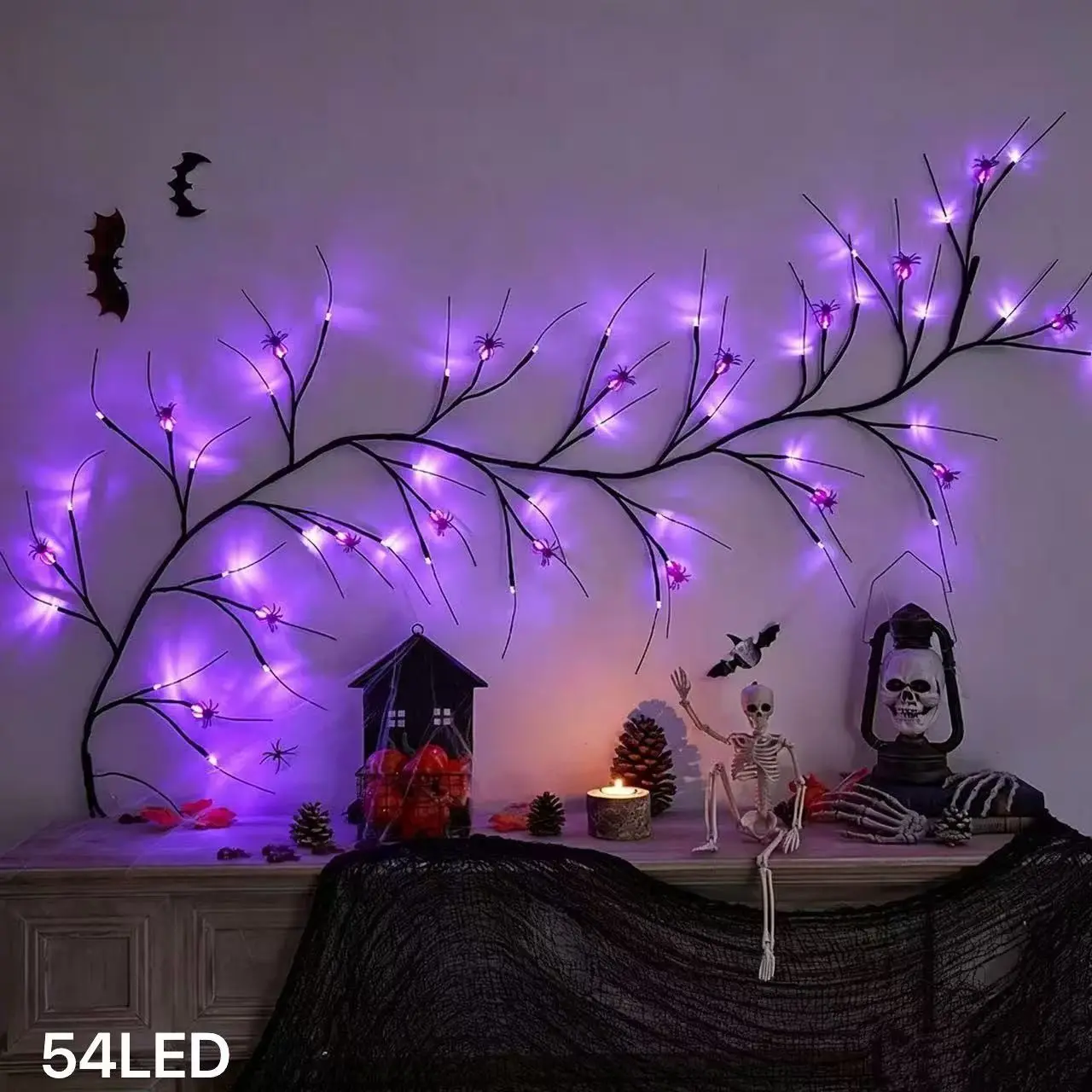 54led Spider/pumpkin String Light for Halloween, 8 Modes USB Powered with Remote, Decorative Lights for Ghost House, Fireplace, Party, Festive Decoration, Spider Design Decoration