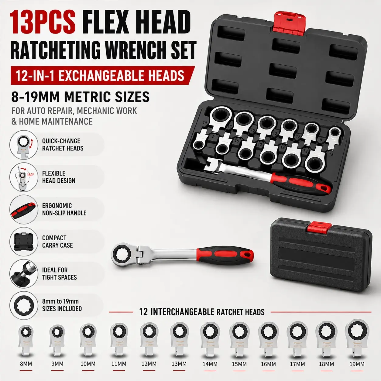 13-In-1/7-In-1 Interchangeable Head Ratchet Wrench Set, 180-Degree Bend, 8-19mm Metric & Imperial, Car Repair Tool, Quick Release
