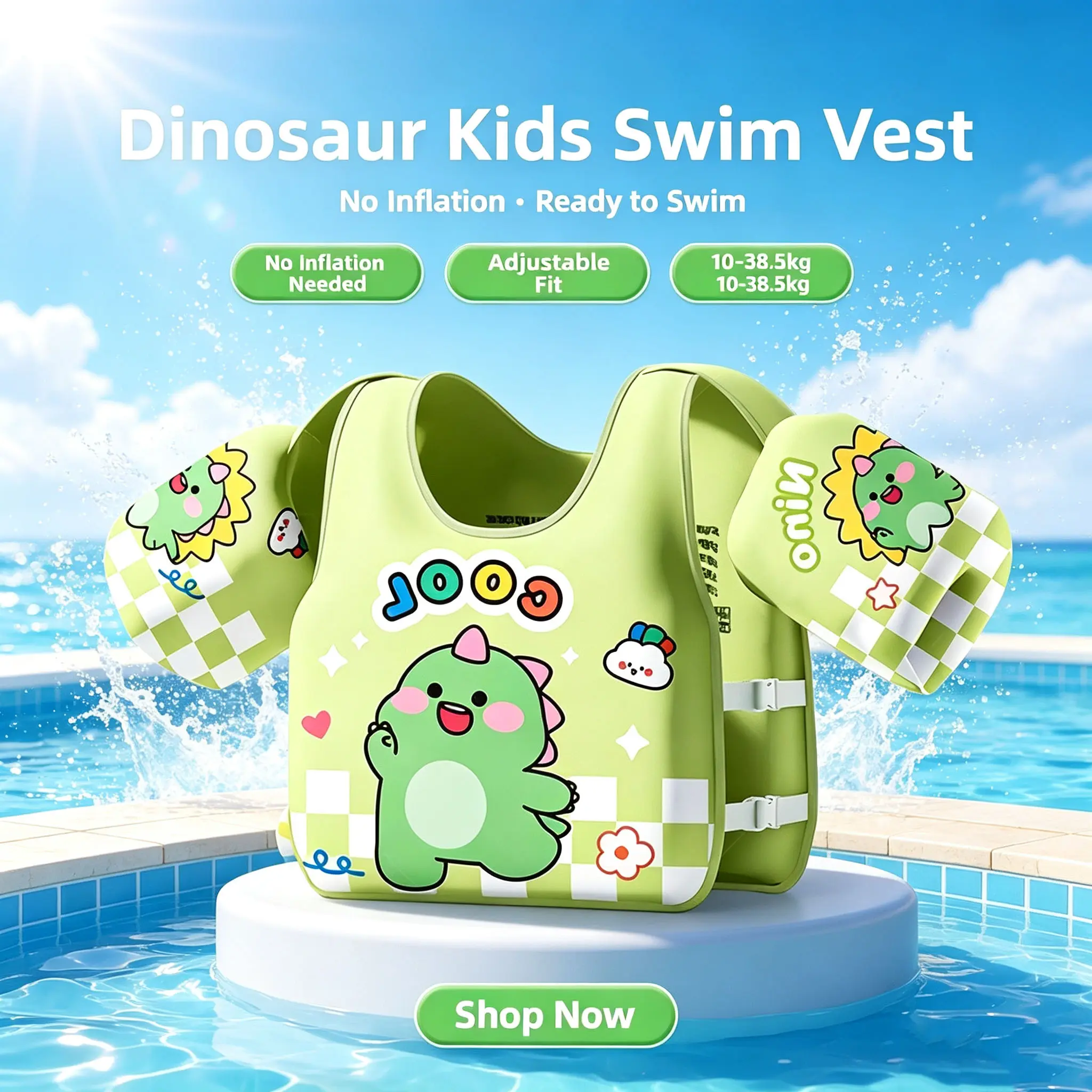 Unisex Kids Non-Inflatable Foam Swimming Aid, Cartoon Prints Swim Float Vest, Arm Floaties Water Wings for Beginner Swimmers (Fits 20-77lbs)
