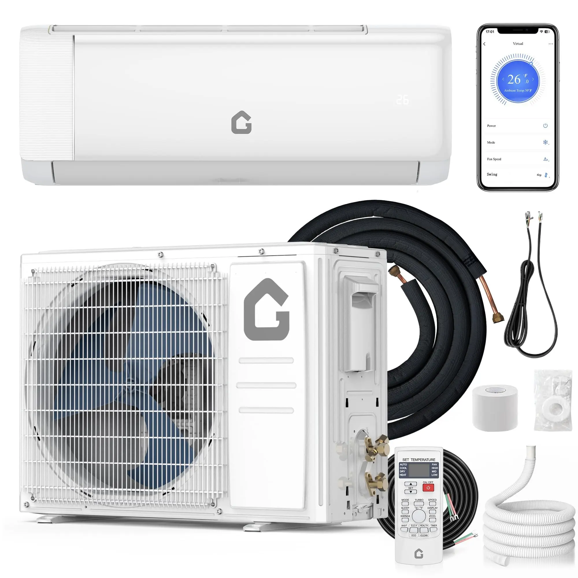 12000 BTU Ductless Mini Split Air Conditioner & Heater - 21 SEER2 Inverter, 230V, WiFi Control, Dehumidifier, Boost/ECO Modes, 24H Timer, 4-Way Swing, R32 Refrigerant, Wall Mounted