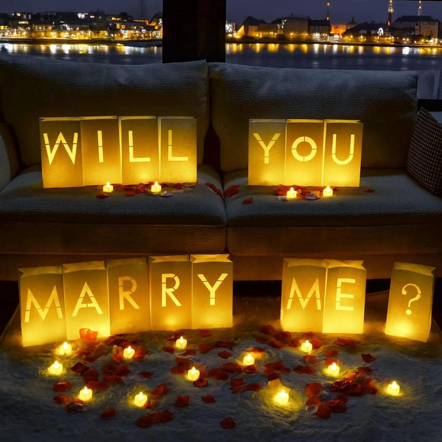 Romantic Modern Synthetic "Will You Marry Me" Light-Up Letter Signs Kit, Proposal Decorations with Flameless Candles & 2000 Rose Petals, Valentine's Day Luminary Bags for Engagement