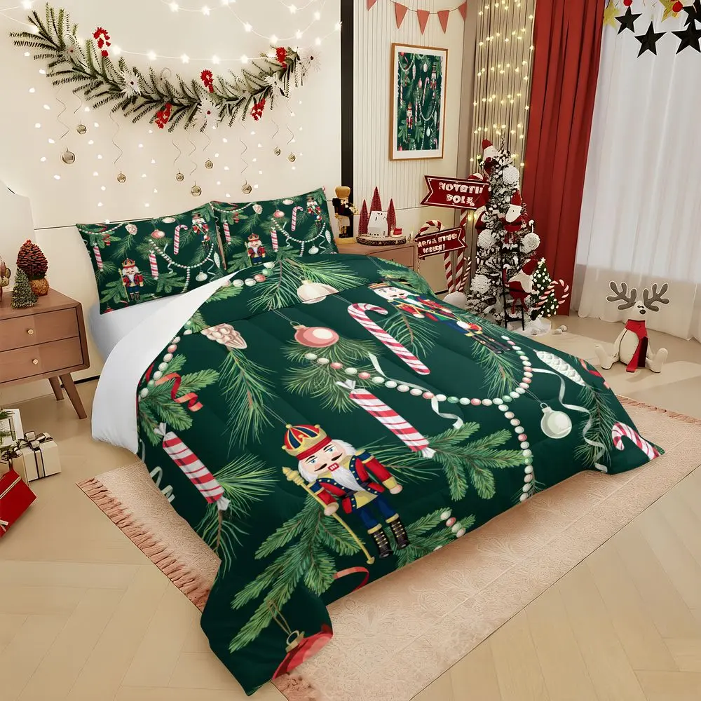 2/3Pcs Christmas Nutcracker Comforter Set, Festive Pine Branch Holiday Bedding Set, Soft Quilt with Pillowcase, Holiday Bedroom Decor for Kids and Adults, Gift for Home No Pillow Core