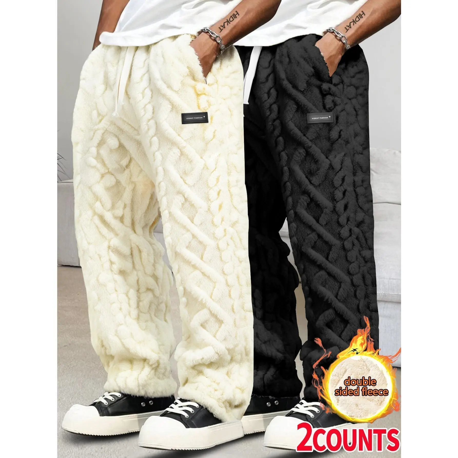 Men’s 2-Pack Cable Jacquard Wide Leg Crochet Joggers, Double-Sided Plush Fleece, Soft Cozy Casual Menswear, Drawstring Waist, Perfect for Everyday Wear & At-Home Relaxation