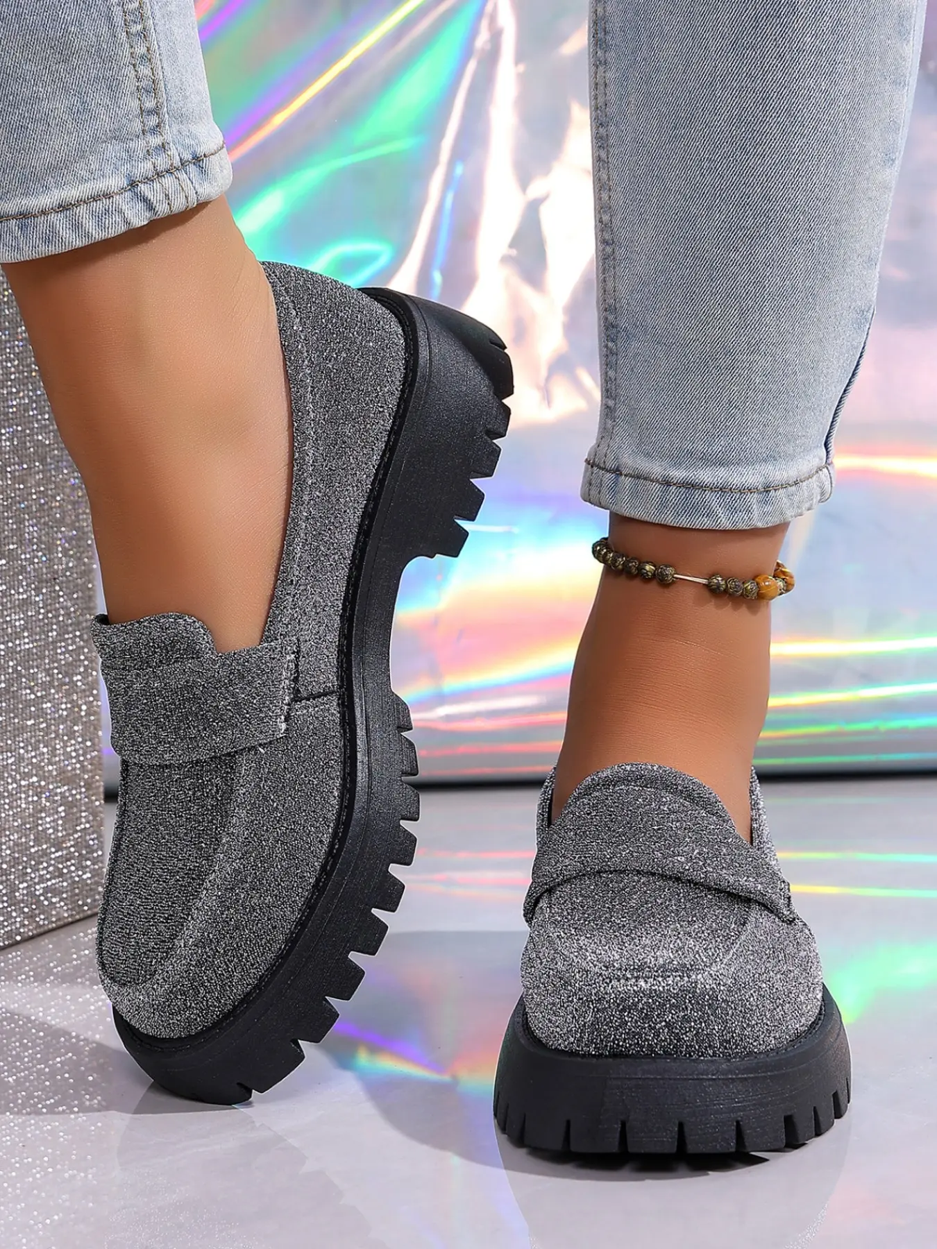 Shiny Thick Sole Loafers, Subtle Glossy Finish, Versatile Style, Silver Color Eye-Catching, Perfect for Various