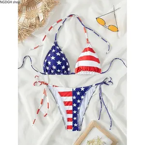 Patriotic Red White Blue Bikini - Sexy Adjustable Halter Triangle Top with Cheeky Bottom, Flattering American Flag Print Swimwear, Perfect Summer Beachwear for Holiday Getaway