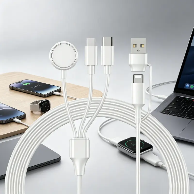 Four-In-One Apple Watch Magnetic Charging Cable, 120cm Long, USB-A/Type-C Interface, Universal Charger for Multiple Devices