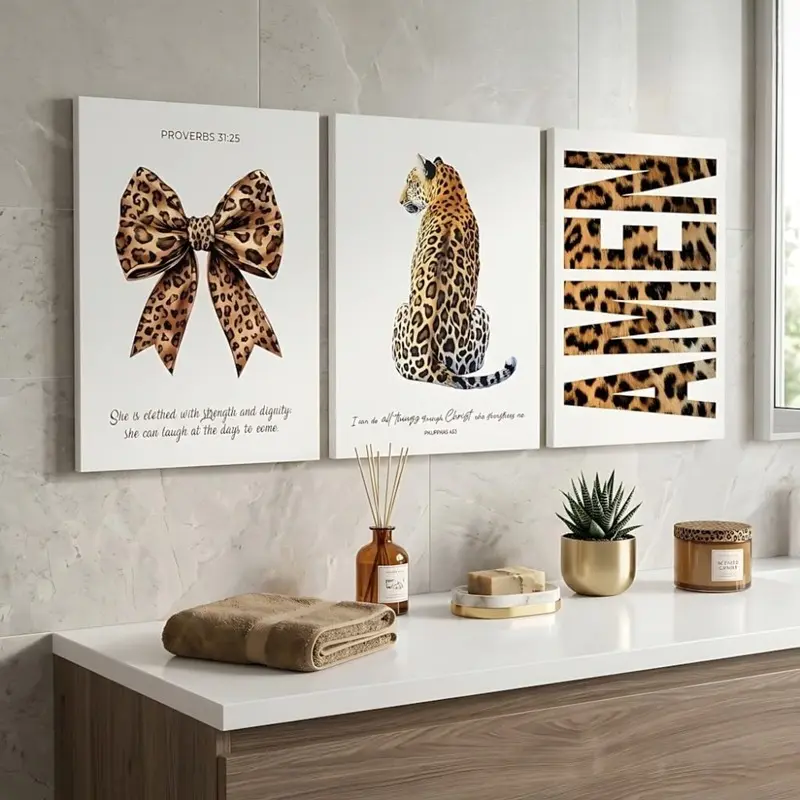 3P Leopard Bow Leopard Amen Scripture Framed Canvas Wrap poster, Modern Bathroom Wall Decor, Trend Leopard Faith Canvas Art For Bedroom Vanity Lounge Wall Decor
