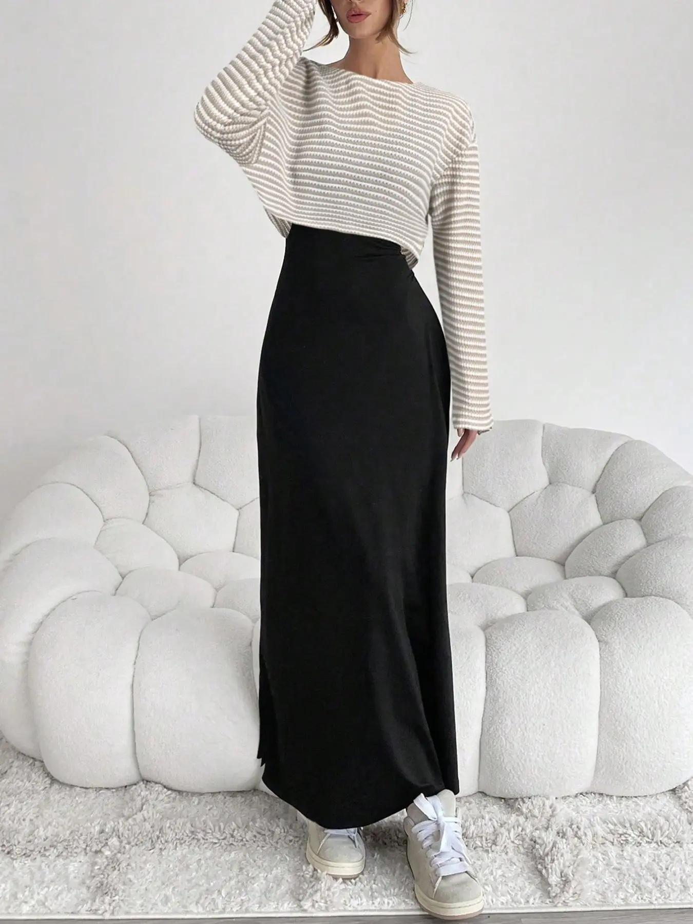 Women's Striped Long Sleeve Top + Sleeveless Midi Dress Set, Basic Loose Fit Crew Neck Tee, Slim-Fit Strap Dress, Minimalist Elegant