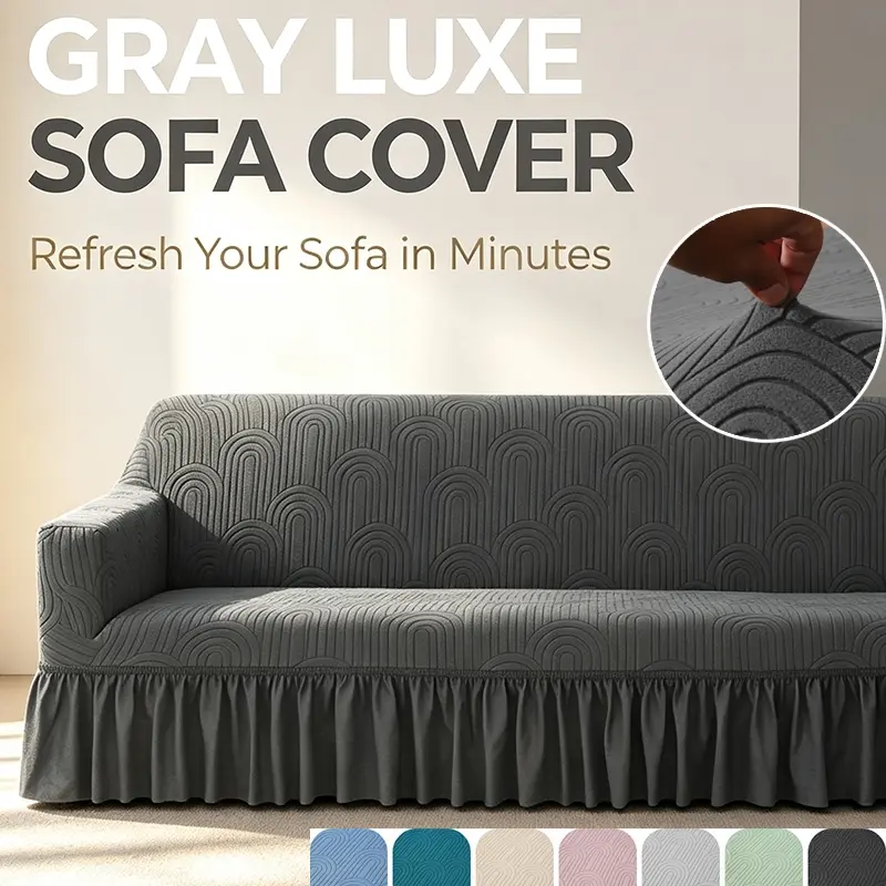 Full Wrap Couch Cover, Thick Stretch Sofa Slipcover with Decorative Ruffle Skirt, Fits Most 1 2 3 4 Seat Couches, Pet Proof, Washable Couch Covers & Sofa Protector, Stretchable Sofa Cover, Grey