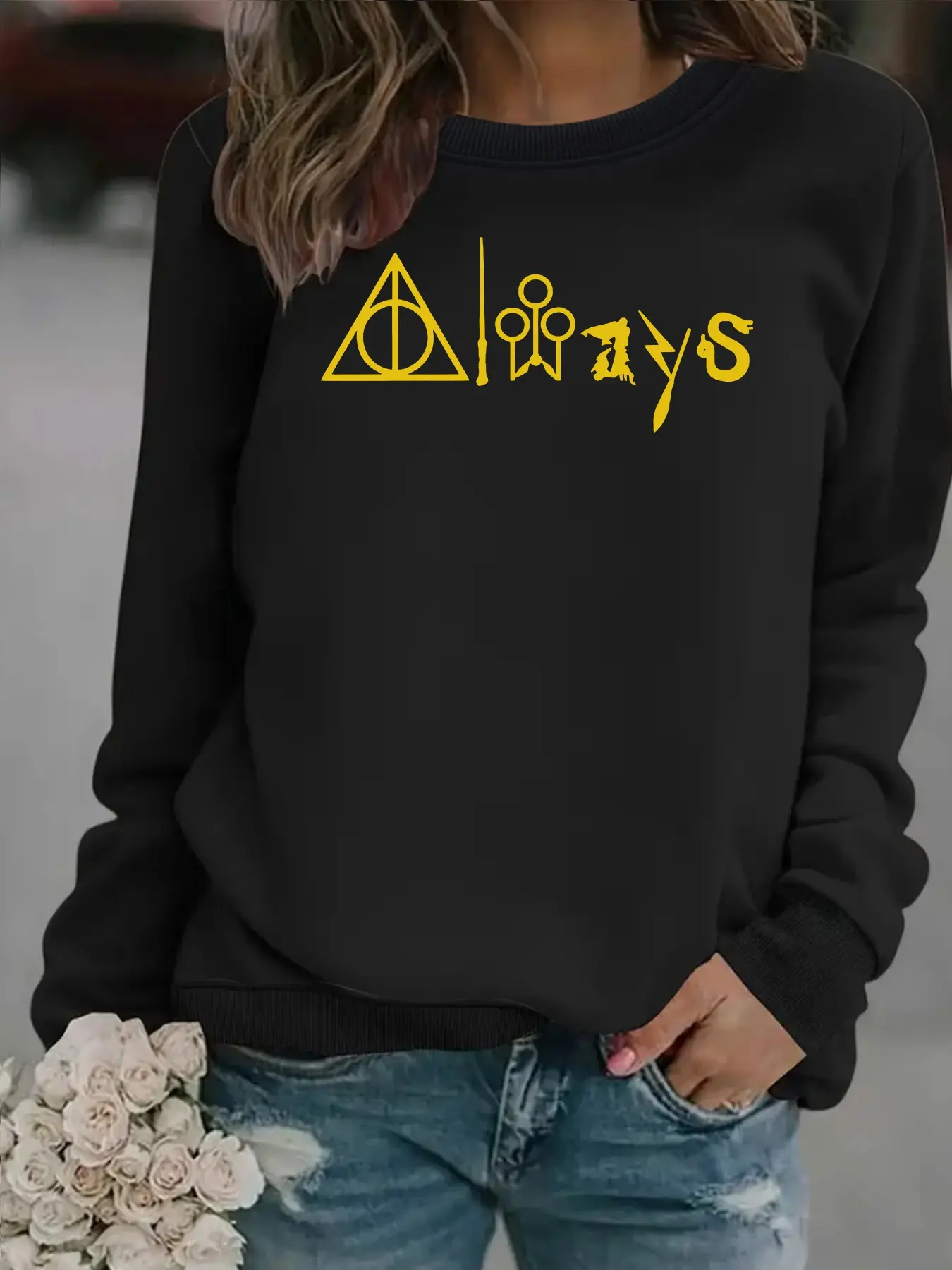 Women's Harry Potter Deathly Hallows Print Crew Neck Fleece Sweatshirt, Casual Long Sleeve Top, All-Season Comfort