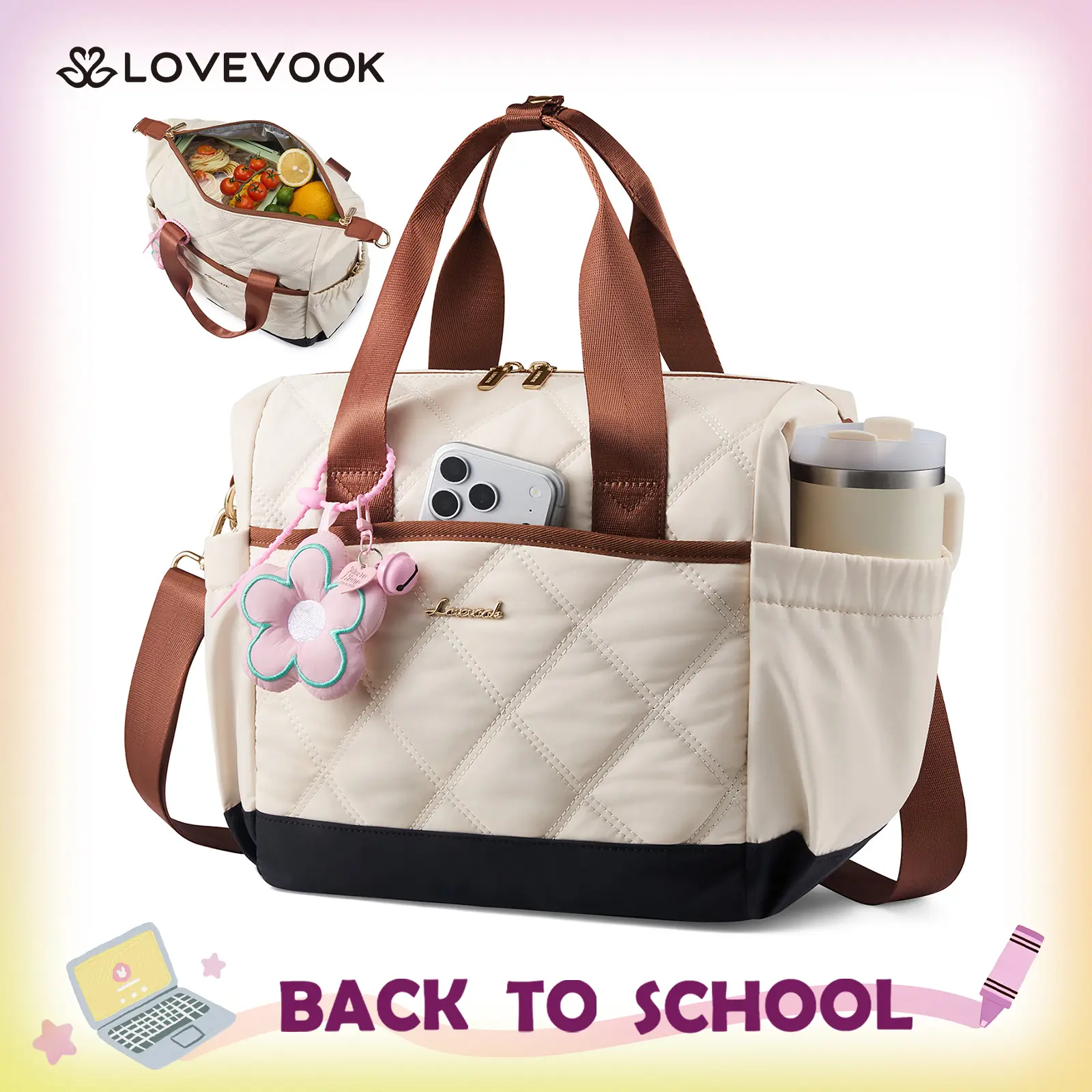 LOVEVOOK Insulated Lunch Bag Women, Adult Lunch Box for Women Work, Large Leakproof Cooler lunch Bags for Picnic Beach Family College, Lunch Teacher Tote Bag with Adjustable Shoulder Strap Cup Holder