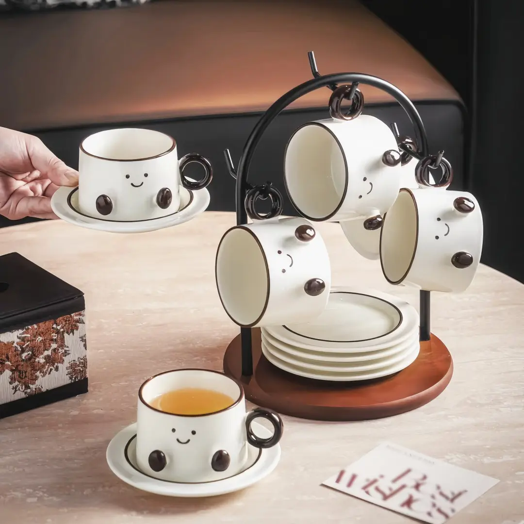 6-Piece Bohemian Style Ceramic Set, Stylish Ceramic Cups Stackable Italian Coffee Mugs with Metal Stand, Microwave & Dishwasher Safe, Perfect for Coffee & Tea Bar