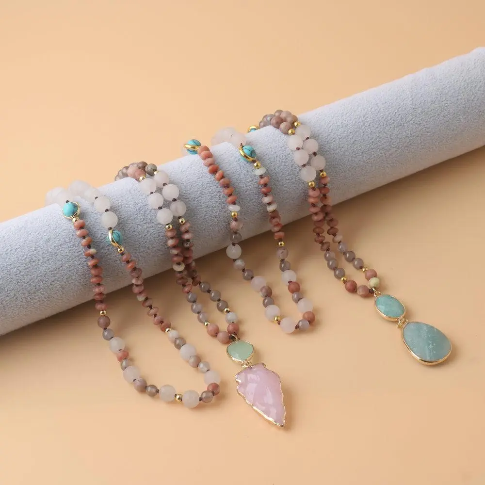 Crystal Beaded Necklace Rose Quartz Crystal Arrow Charm Necklace Gemstone Hand Knotted Necklace for Women Men Daily surprise GIFT