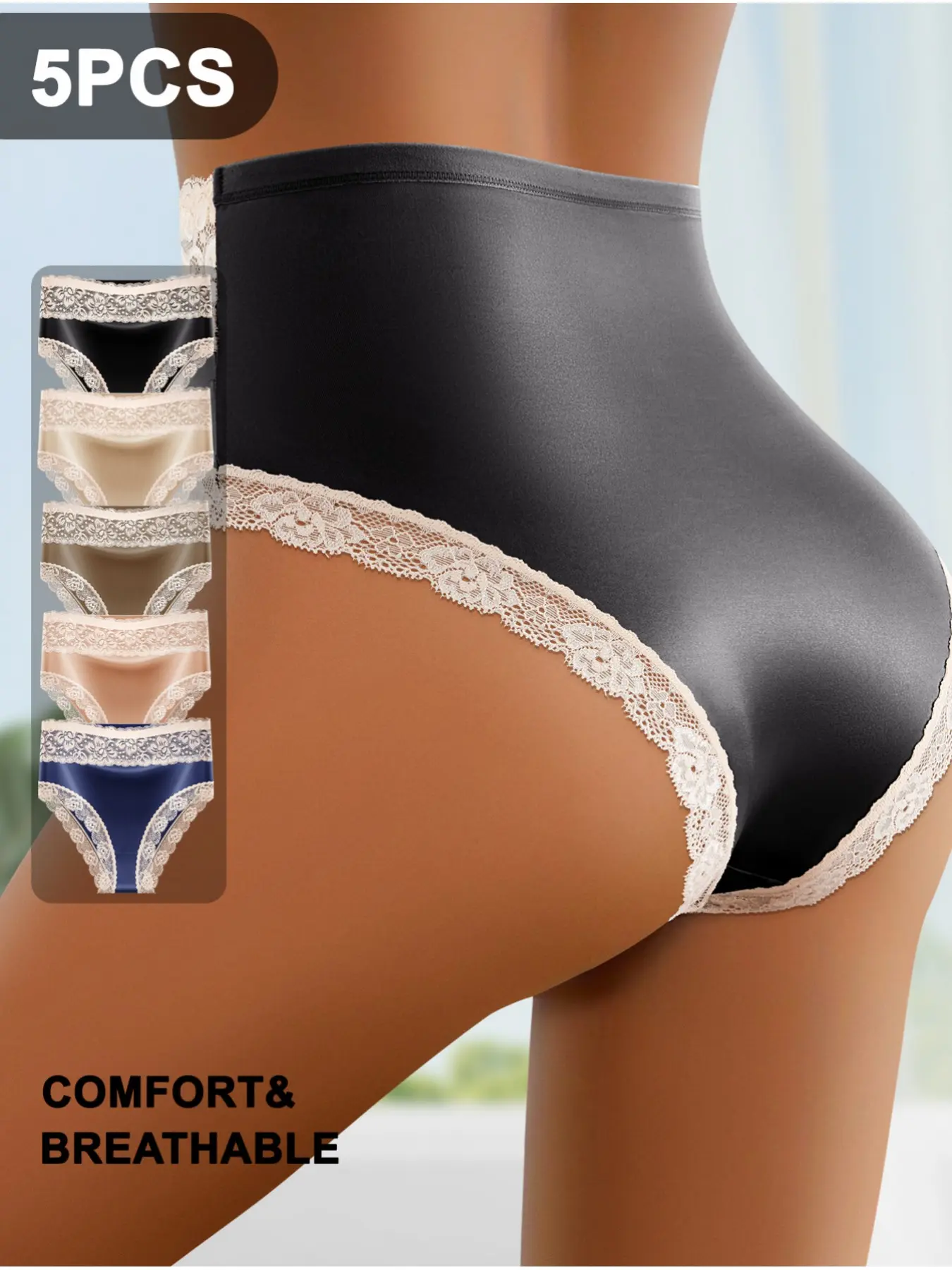 5pcs High-Waisted Smooth Triangle Briefs, Soft Lace Trim Underwear, Invisible Panties, Perfect for Wedding Guest Dresses