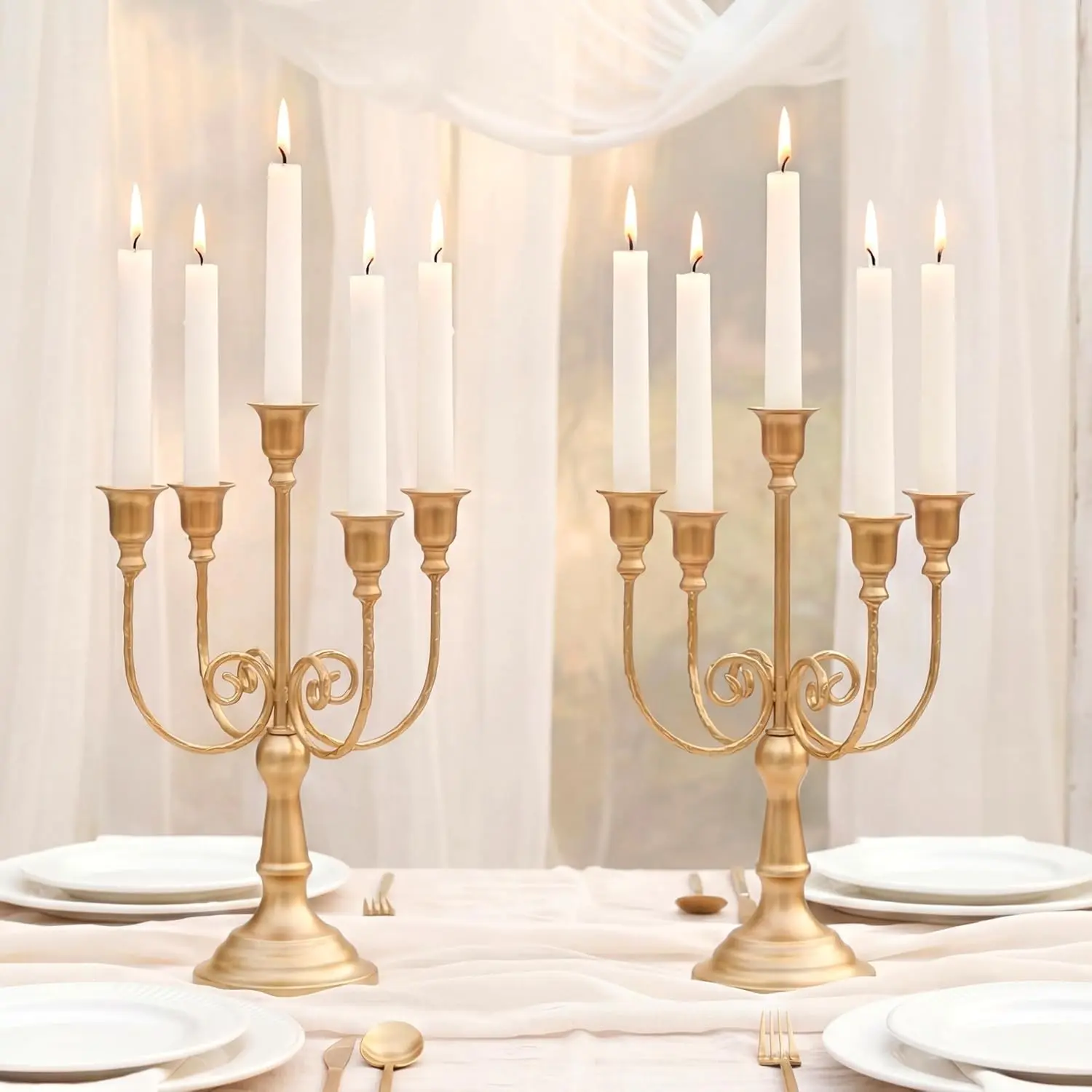 Gold Candelabras Candle Holder: 5 Arms Candelabra Set of 2 | Candle Stick Stands Candleholder Fireplace Wedding Reception Antique Decorative Dinning Table Christmas