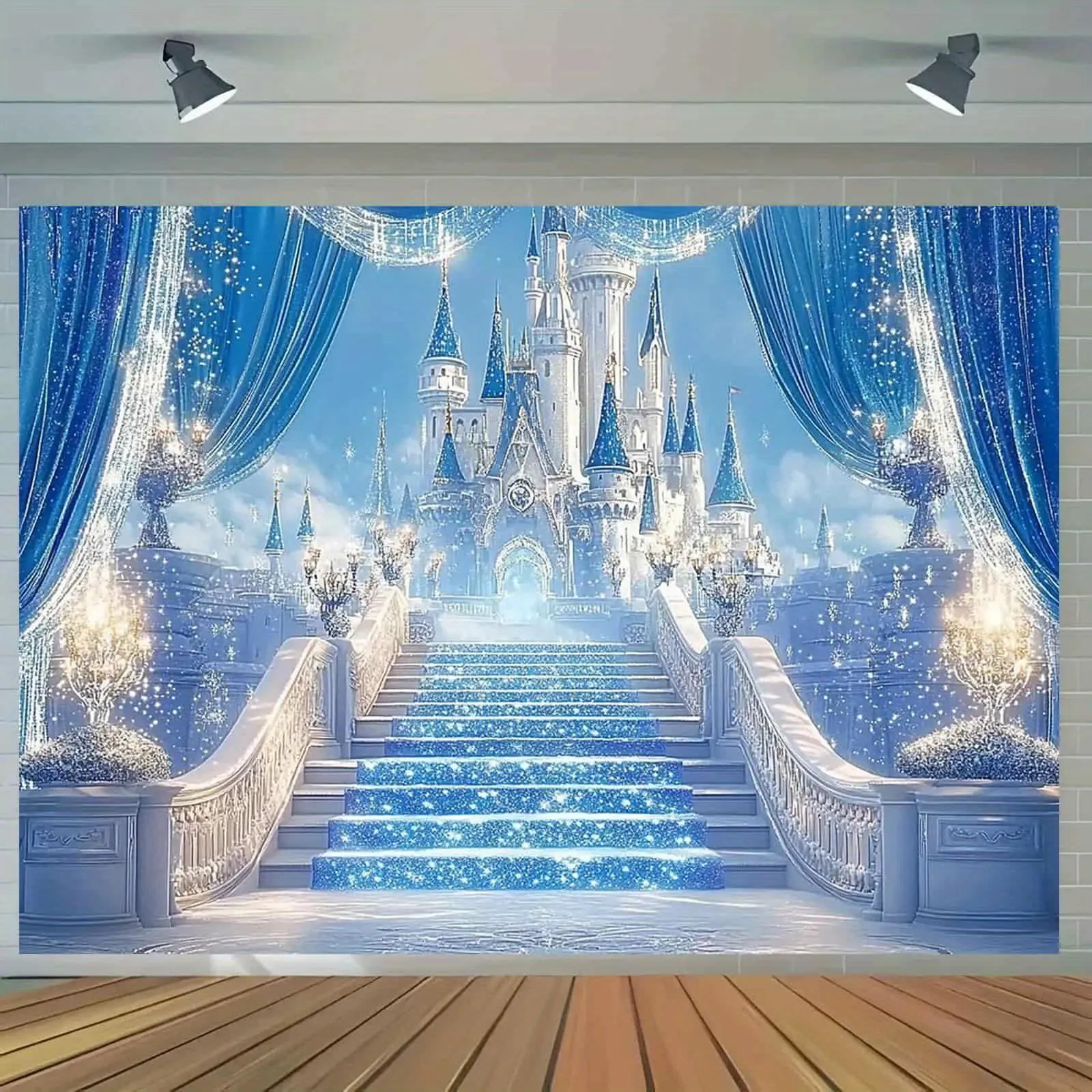 Frozen Ice Castle Blue White Backdrop Party Background Cloth, Winter Fantasy Tapestry Wall Hanging Photography Background Premium Polyester Fabric, Birthday Celebration Decor, Party Event Setup, Photo Studio Prop, Snow Theme Background