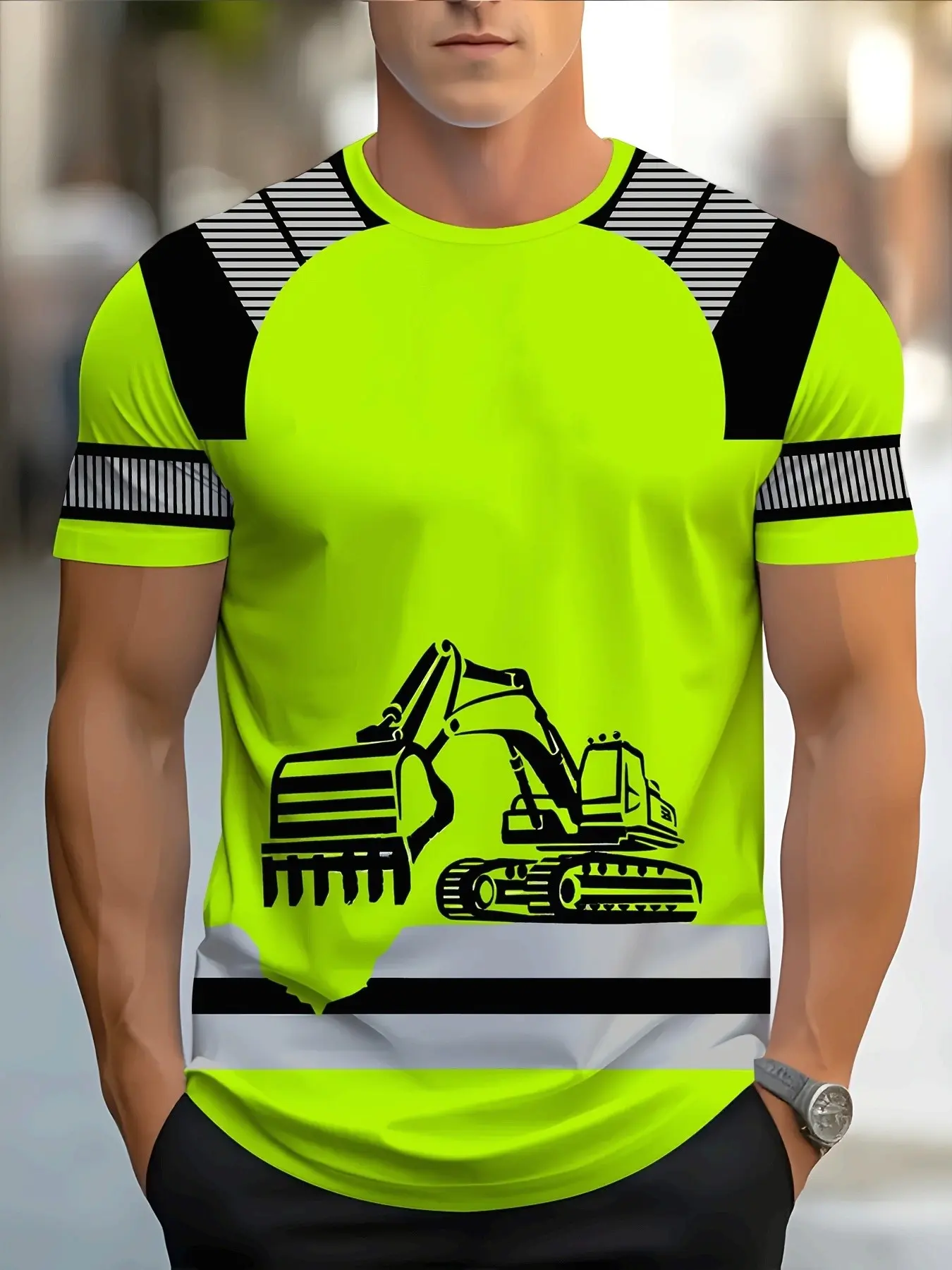 Men's Fluorescent Reflective Stripes Digging Print Round Neck Construction Worker Safety Casual Athletic Activewear Tops Short Sleeve T-Shirt