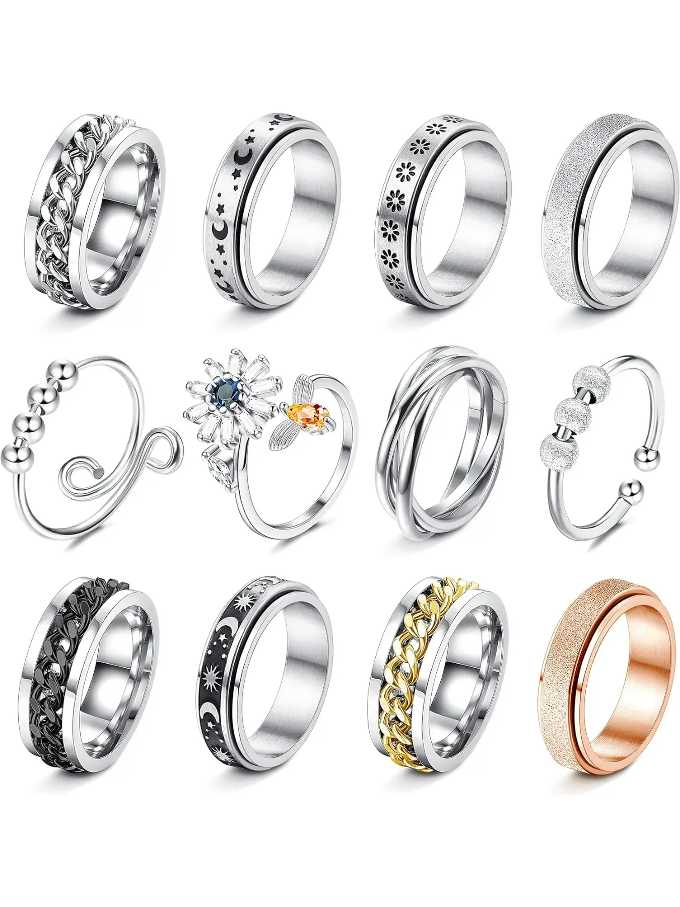 12Pcs Fidget Anxiety Rings for Women Men - Spinner Fidget Rings for Anxiety Relieving Stress Flower Moon Star Stainless Steel Rings Adjustable Size 10