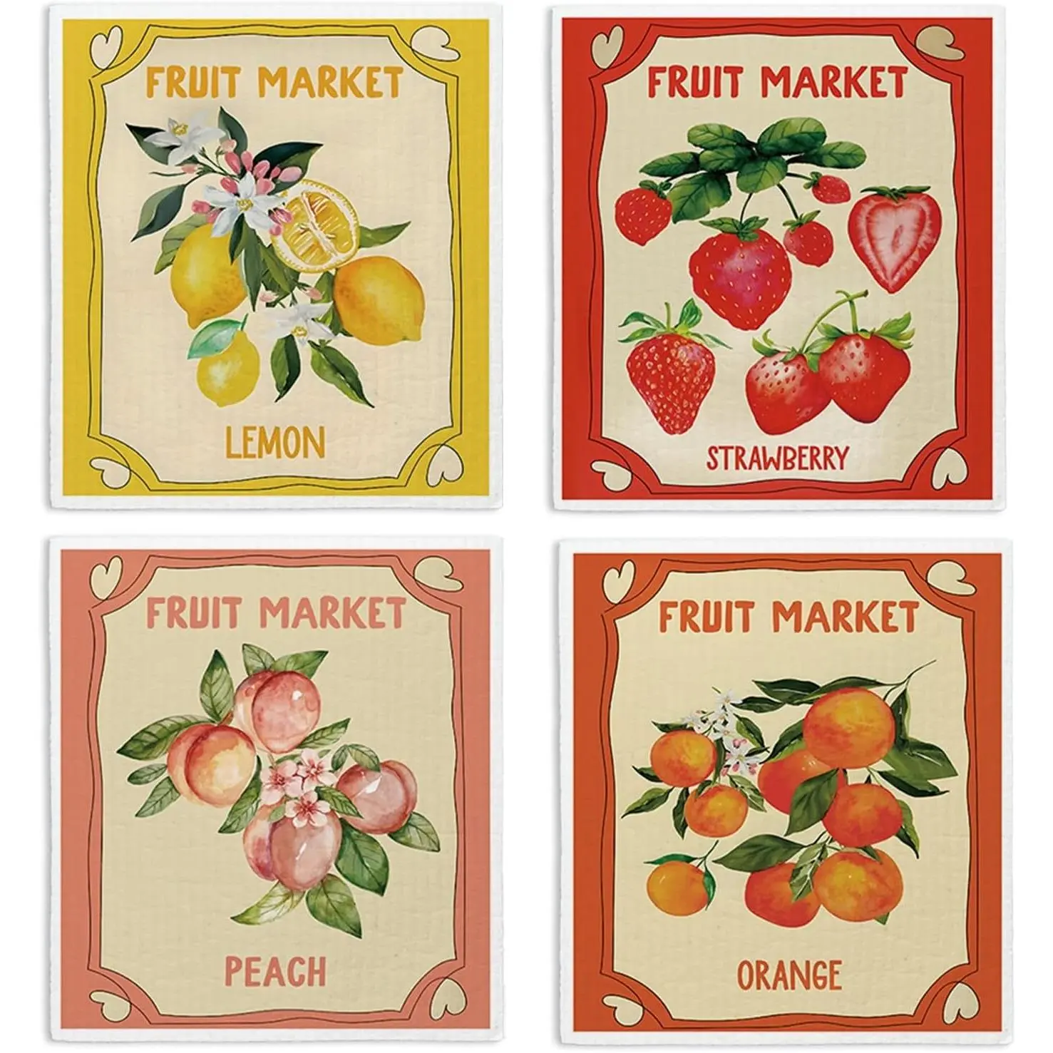 Swedish Dishcloths for Kitchen,  Strawberries Peach Orange  Swedish DishCloths for Summer Friut Market, 4 Pack Dish Towels for Kitchen, Papaya  Paper Towels Washable