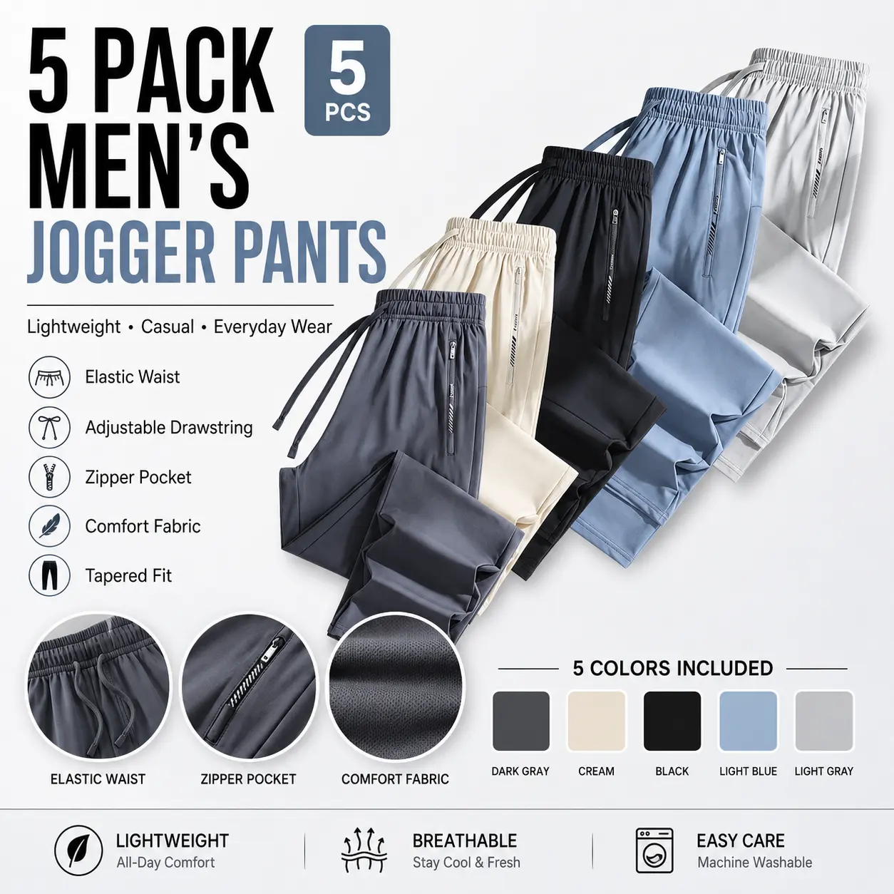 Men’s 3-Pack Casual Jogger Pants with Elastic Waist, Drawstring and Zipper Pockets, Lightweight Athletic Everyday Trousers