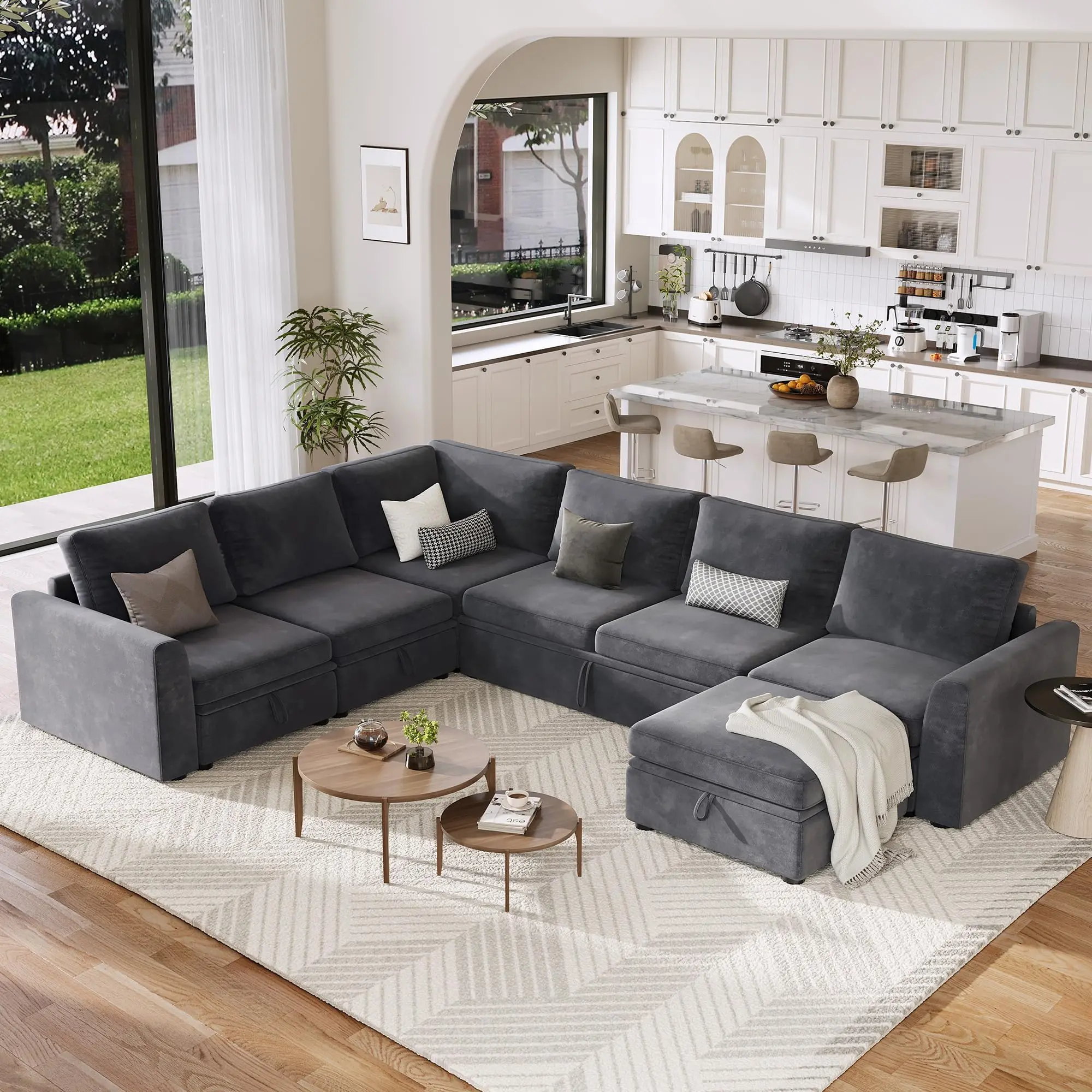 GAOMON 7-Seat Chenille Modular U-Shaped Sectional Sofa - Convertible Pull-Out Bed, Storage Ottoman, 2 Armrests, Gray Indoor Furniture, 7 Seats
