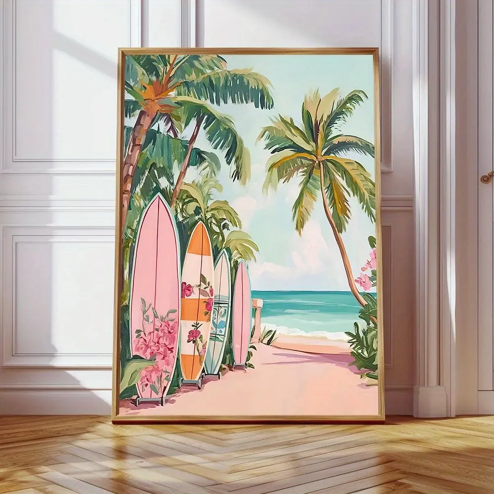 1pc Tropical Beach Surfboard Palm Tree Poster, Unframed Pastel Seaside Coastal Landscape Wall Print, Summer Hawaii Ocean Scenery Wall Art, Decor Picture for Living Room, Bedroom, Home Wall Decor, No Frame