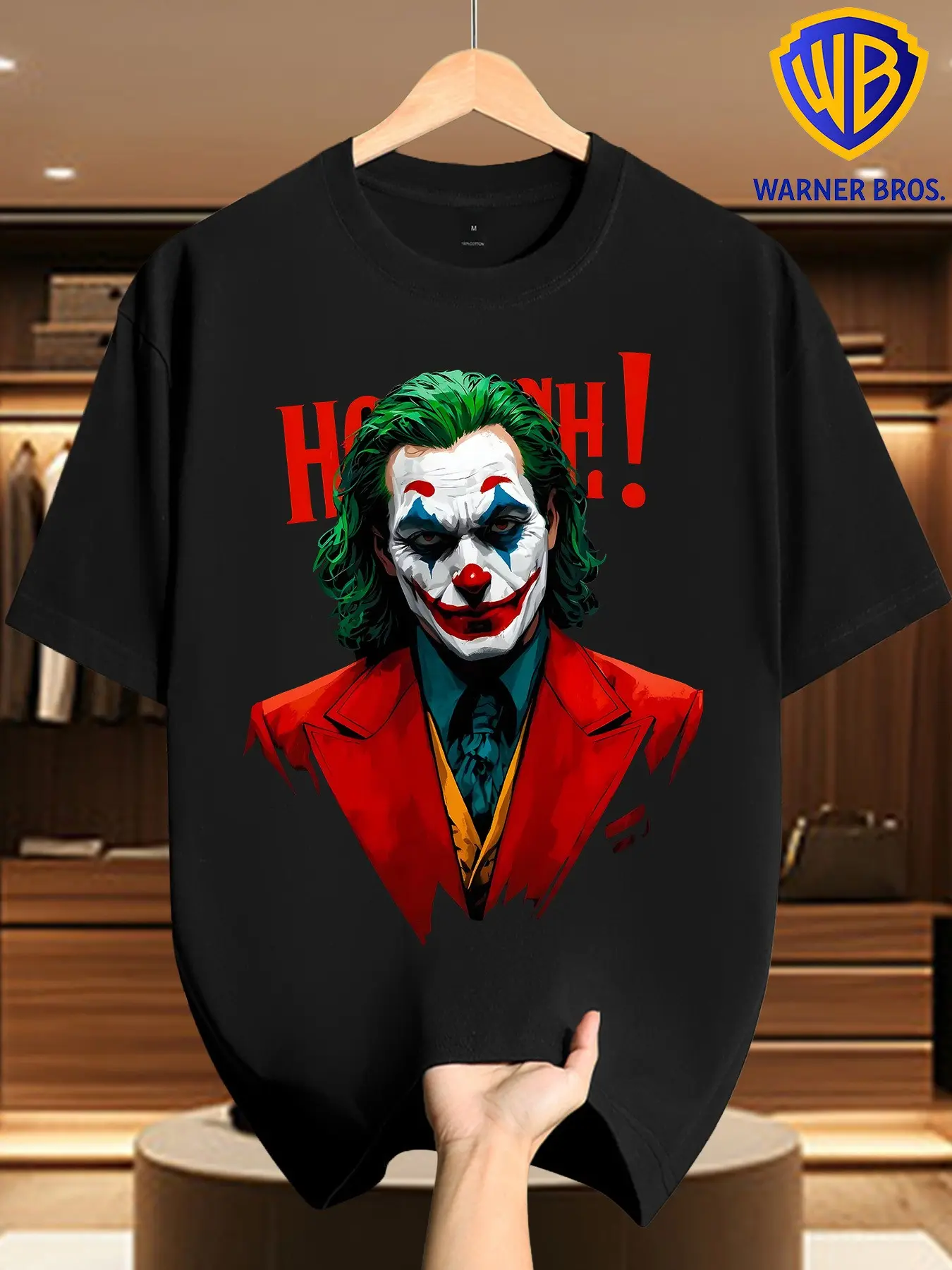 Warner Bros Men's Suit Joker Haha Portrait Print T-Shirt, Classic Movie Villain Pattern, Casual Gothic Street Style, Long Sleeve
