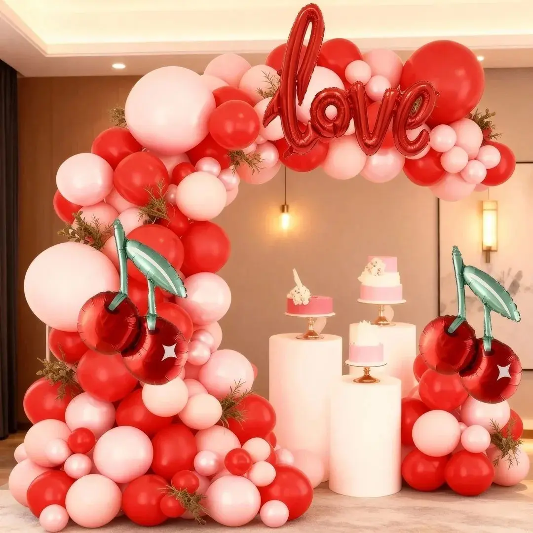 108-Piece Valentine's Day Balloon Arch Set, Balloon Arch Decoration, Heart Cherry Pattern Aluminum Foil Balloons, Perfect for Weddings, Birthdays, Anniversaries
