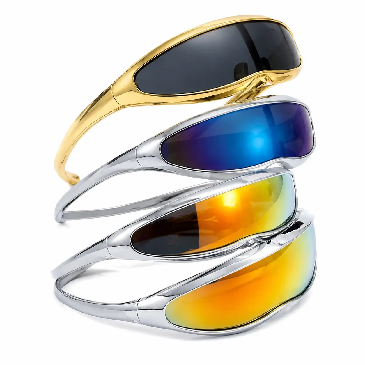 Unisex Cyberpunk-Inspired Metallic Finish Shield Visor Sunglasses, UV Protection, Lightweight Alloy Frame, Rave-Ready Design for Raves & Fest, Streetwear, Space-Age Aesthetic Outfits