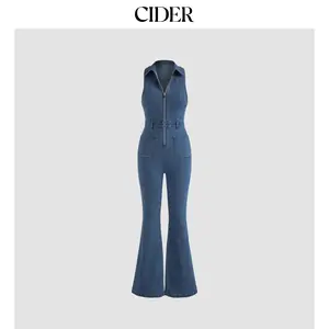 Cider Denim Collar Flare Leg Jumpsuit