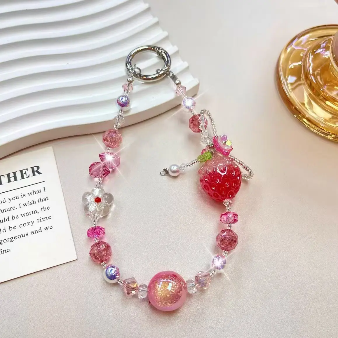 Women's Night Light Resin Strawberry Phone Lanyard, Bag Accessory, Camera Charm, Keychain, Smartphone Pendant, Handmade Design
