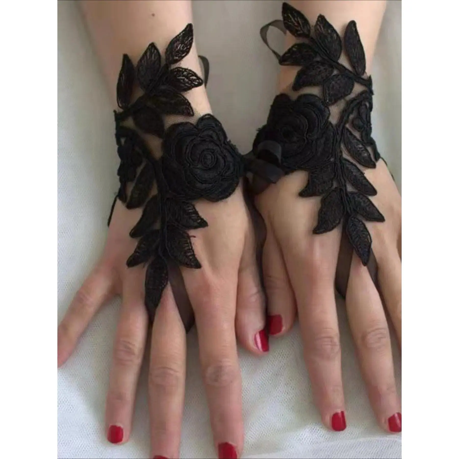 Women's Elegant Floral Lace Gloves, Sheer Open-Finger Style for Brides, Bridesmaids, Weddings & Formal Evening Parties, Receptions, Handmade, Lightweight