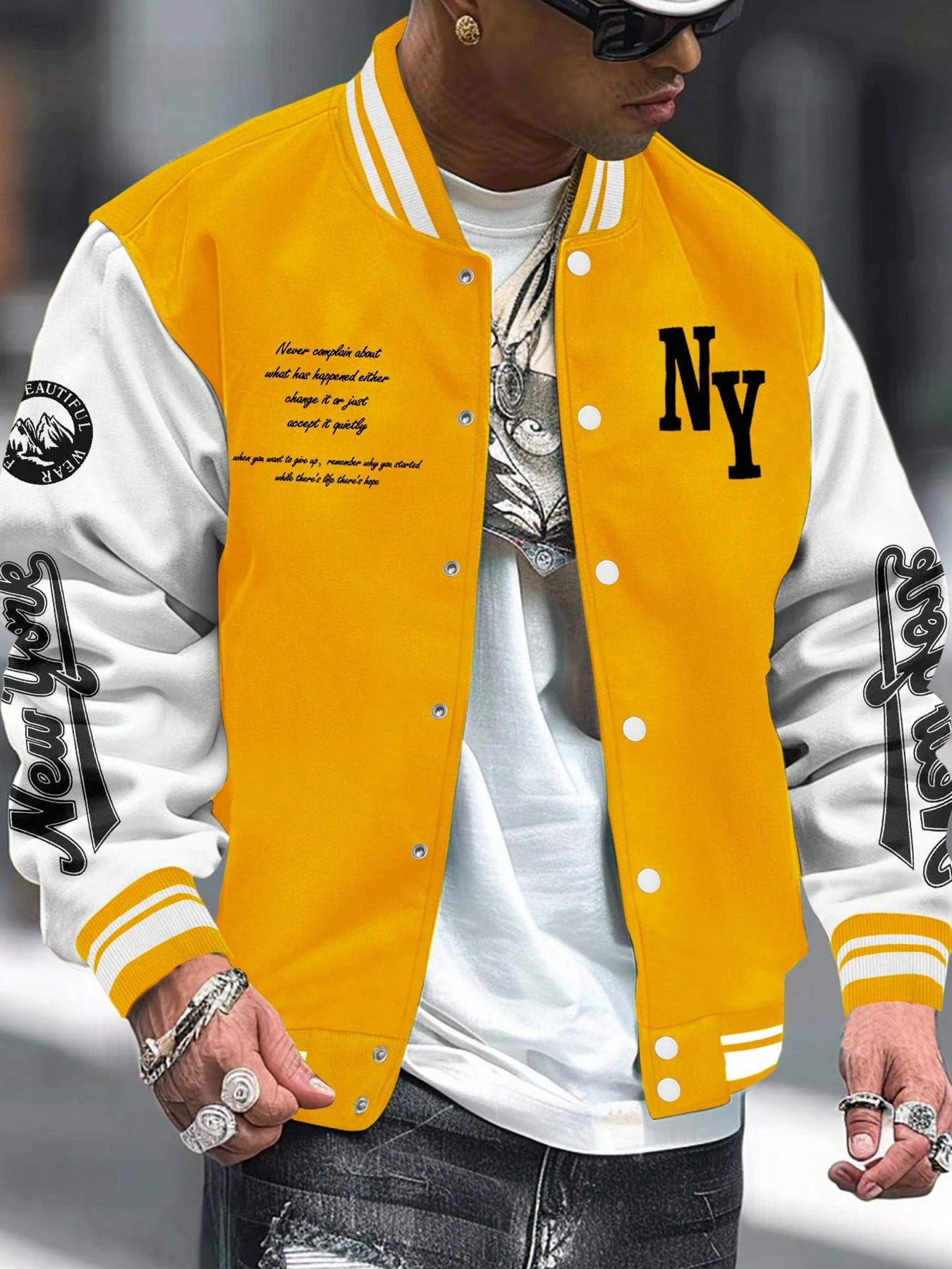 Men's Colorblock & Letter Print Button Front Pocket Varsity Jacket, Regular Fit Casual Drop Shoulder Mock Neck Outerwear for Fall & Winter, Men's Clothes for Daily Wear, Casual Athletic Jacket