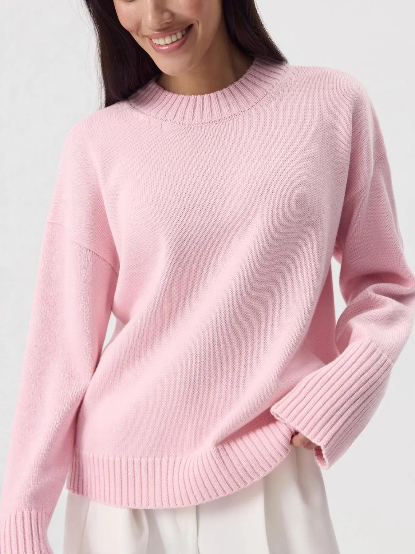 women pink Fashion oversized knitted sweater drop shoulder crew neck pullover soft warm casual sweater for women fall winter long sleeve ribbed sweater pastel pink work top loungewear sweater for women Knitwear