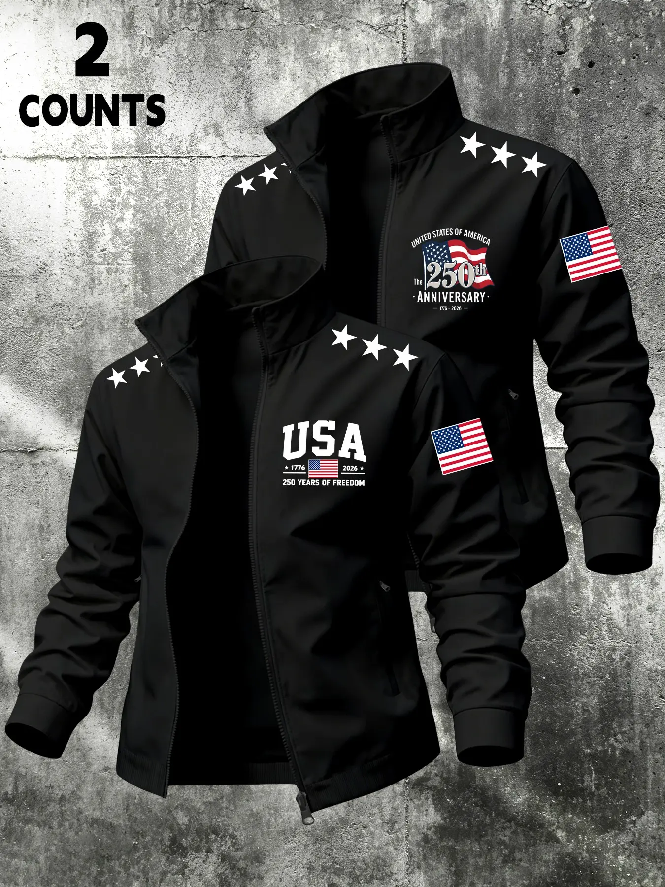 2-Piece Set American Independence Day Jacket, Star-Spangled Lapel with Pockets, Men's Spring-Fall Street Style Outerwear