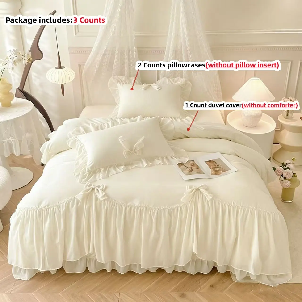 Solid Color Lace Bedding Set, 3 Counts/set Including Duvet Cover & Pillowcase, Soft Comfortable Comfy Bedding Set for Home Bedroom, Soft Bedding Sets