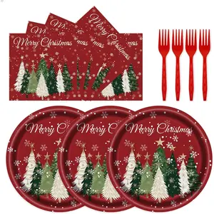 72 count Christmas Paper Plates and Napkins Party Supplies, Xmas Tree Disposable Tableware Set for Winter Holiday Christmas Decoration 24 Guests