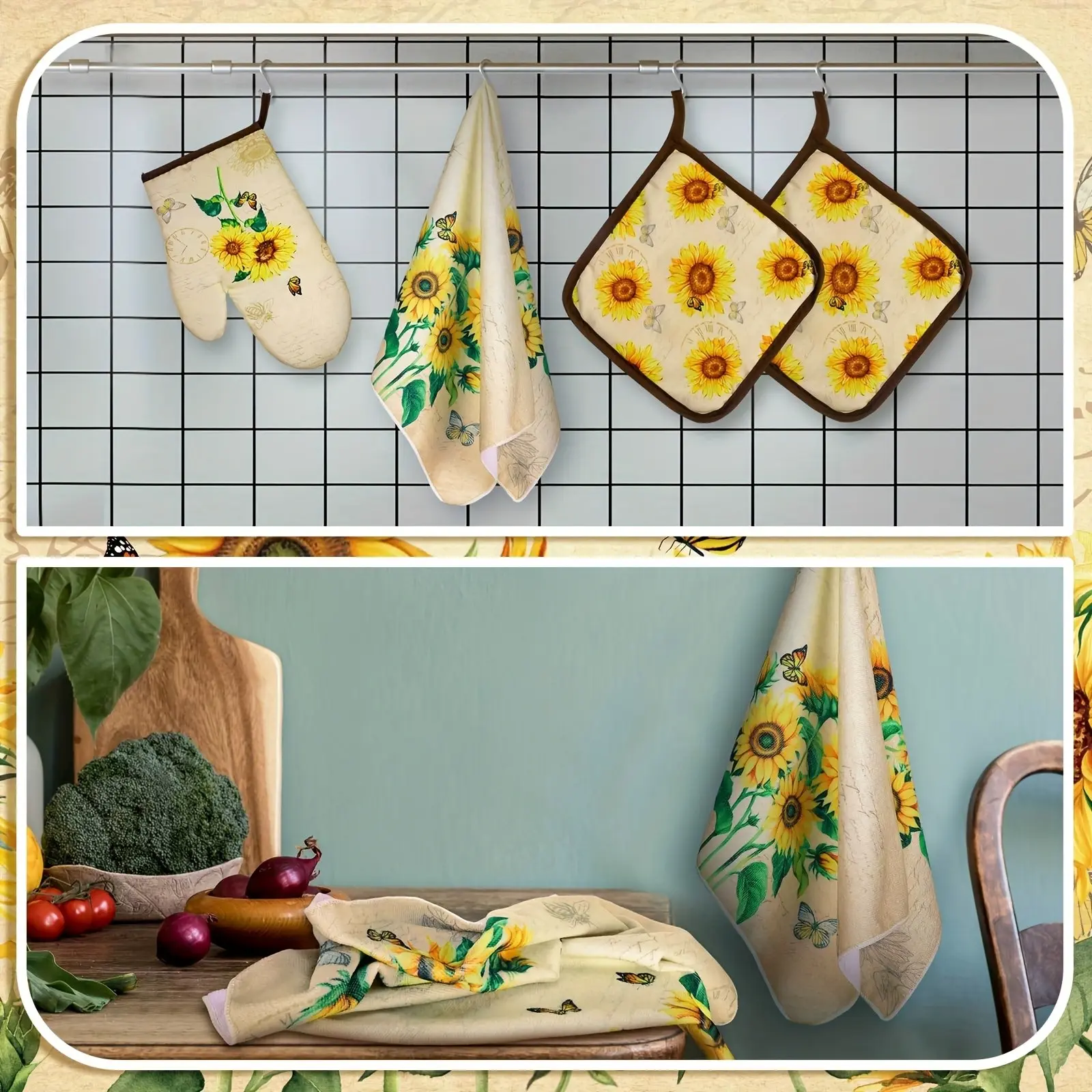 6pcs Kitchen Towels and Pot Holder Set, Polyester Knit Fabric Dish Cloths and Oven Mitts, Flower Pattern Rectangle Kitchen Accessories for Coffee Tea Pot, Christmas Housewarming Gift (Sunflower Style)