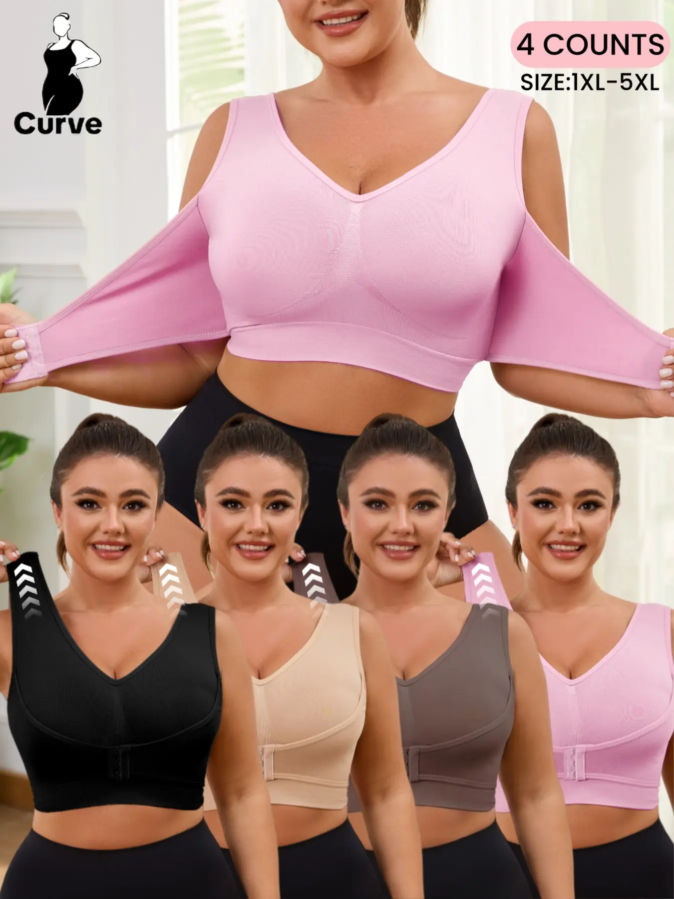 【Plus Size】Women's Solid Wide Strap Seamless Bra,Comfortable Breathable Soft Stretch Medium Adjustable Bra,Front Chest Buckles Design,No Padding,Women's Lingerie for All Seasons,Ladies Knitted Underwear for Daily&Home Wear,All Seasons