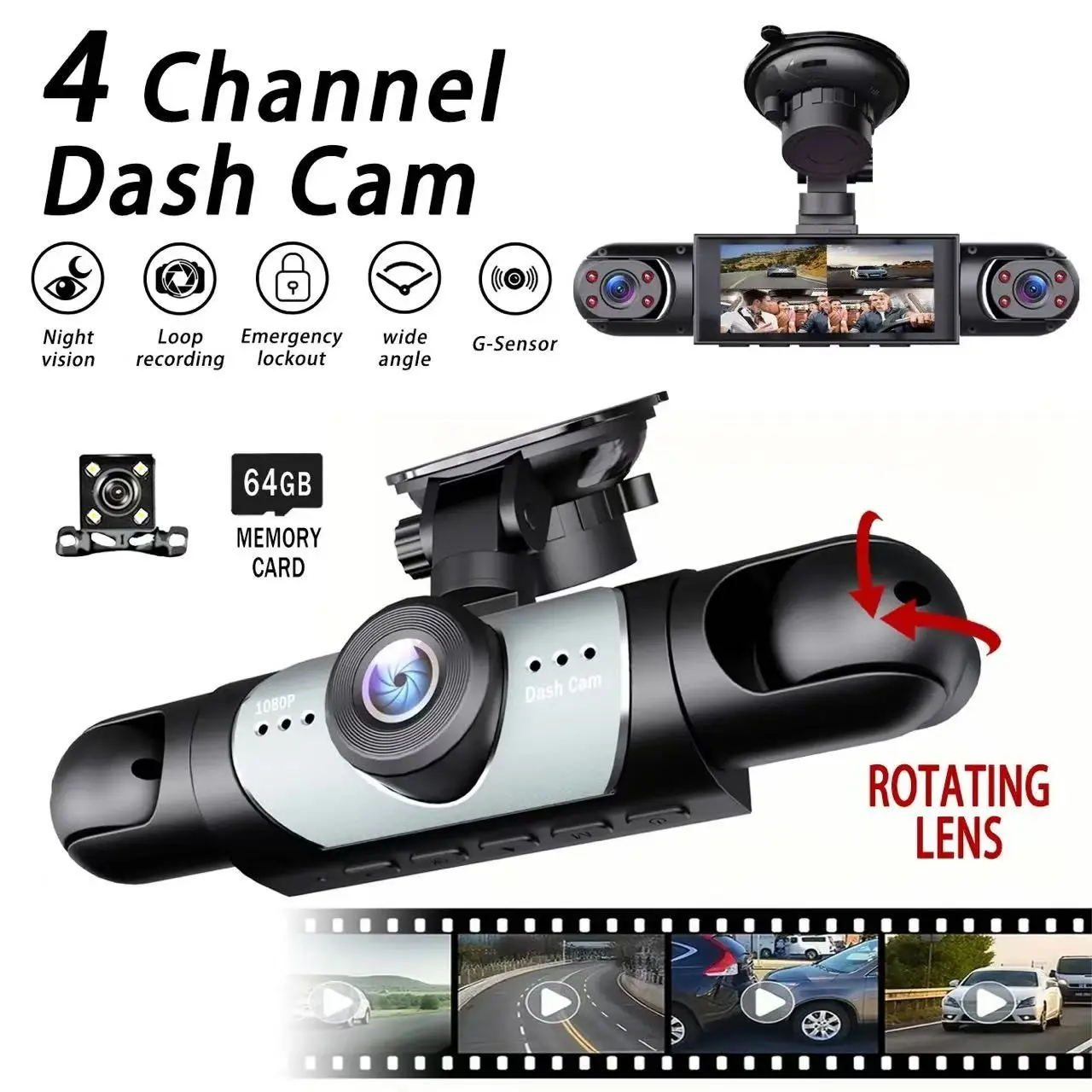 4-channel 1080P panoramic car DVR records front, rear, left and right. Equipped with night vision, 3.16-inch HD screen and a free 64GB memory card. Plug-and-play with no internal battery required, an essential driving monitor and ideal holiday gift.