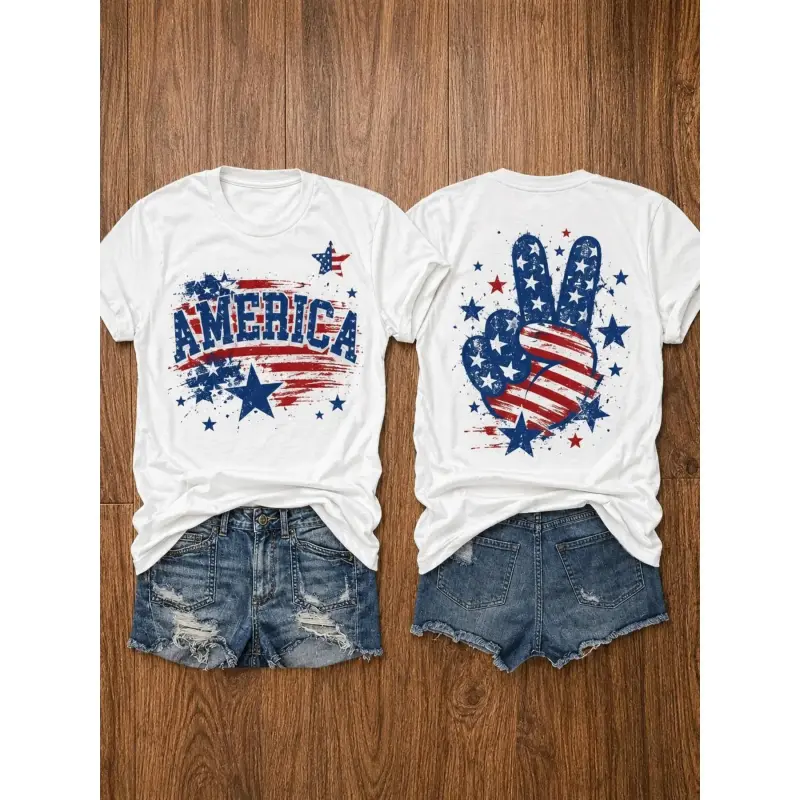 USA 250th Anniversary Independence Day American Flag Stars and Stripes Print Crew Neck T-Shirt, Summer Casual Vacation Women's Short Sleeve Top, Soft Stretch Fabric,4th of july shirts