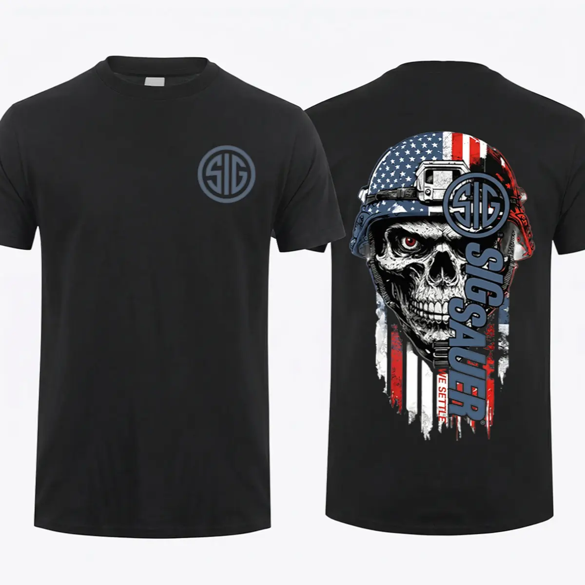 Men's Skull American Flag 2-Sided Graphic Cotton Short-Sleeve Round Neck T-Shirt - Tactical Gun Lover Patriotic Army Casual Streetwear Top, Menswear Gift For Dads, Shortsleeve, Tshirt, 100% Cotton, Crew Neck Tee