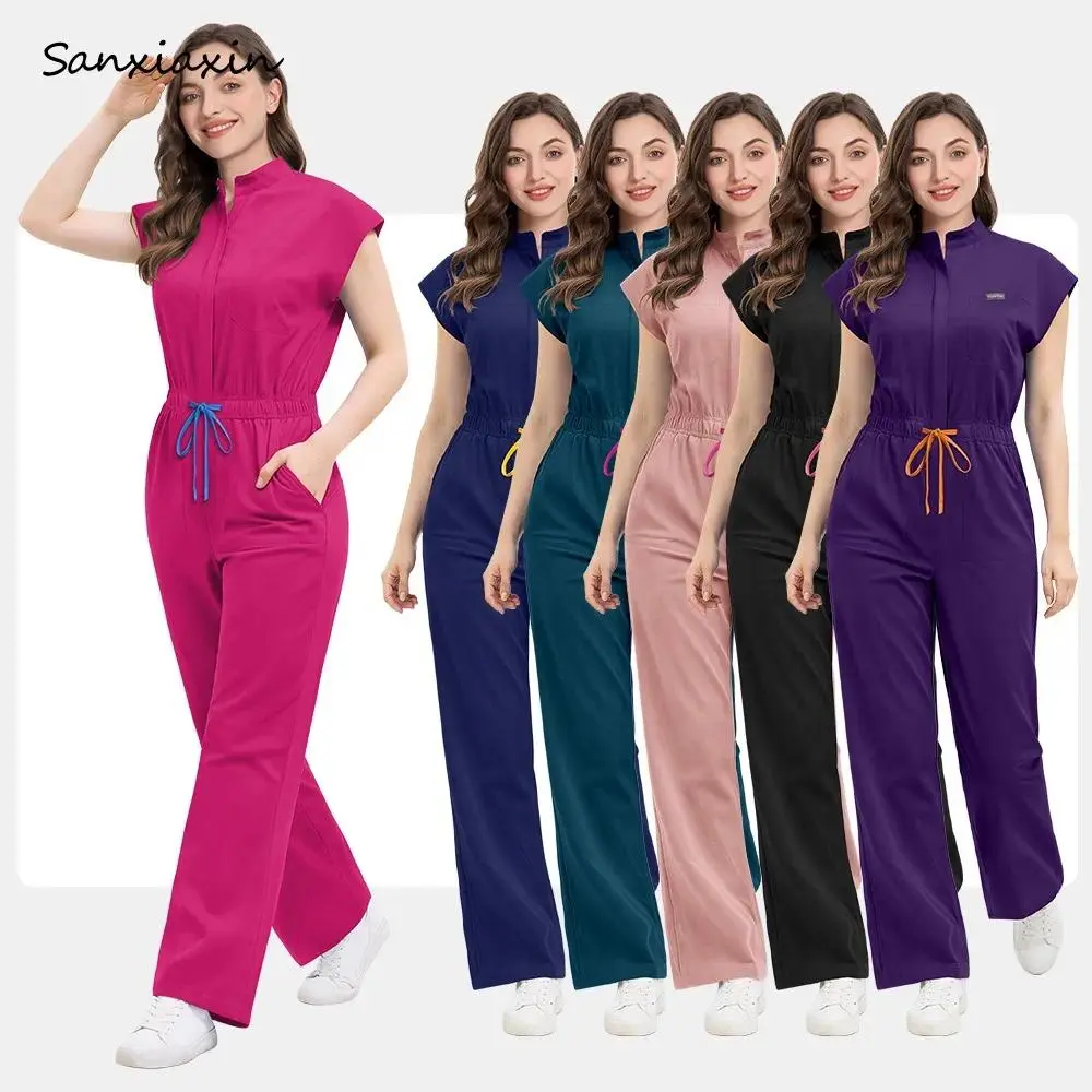 Multicolor Surgical Jumpsuit One-piece Clinical Scrub Medical Doctor Nursing Uniforms Short Sleeve Pocket Pet Hospital Workwear