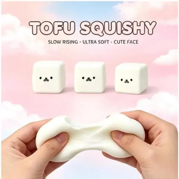 Seal Tofu Squishy, Cute Soft White Cube Stress Relief Toy, Slow Rise Silky Moldable Fidget Block Gift Box Set, Free Gifts: Flocked Seal Keychain & Random Aroma Tablet